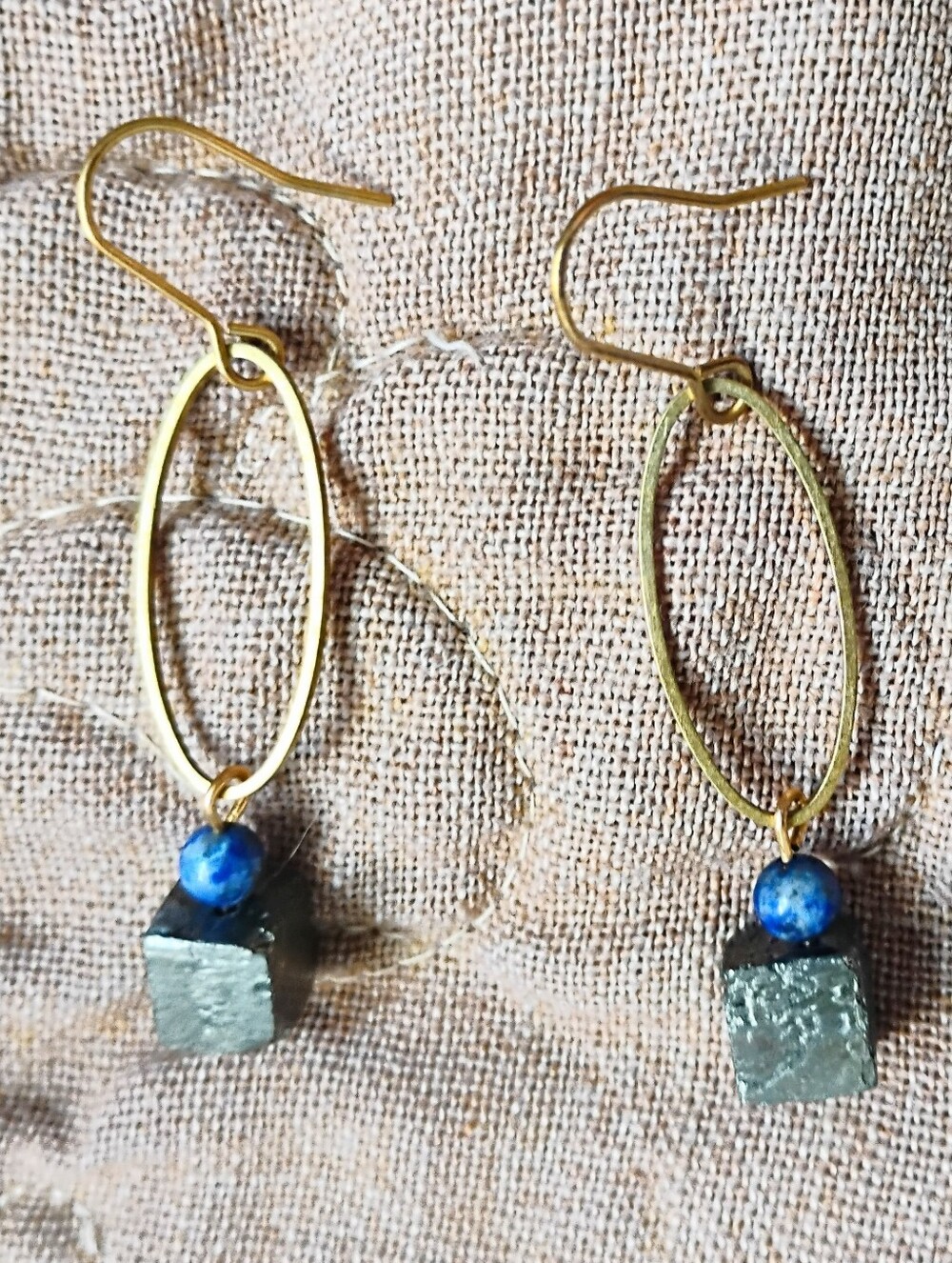 Pyrite Cube and Lapis Lazuli Earrings - Picture 5 of 5